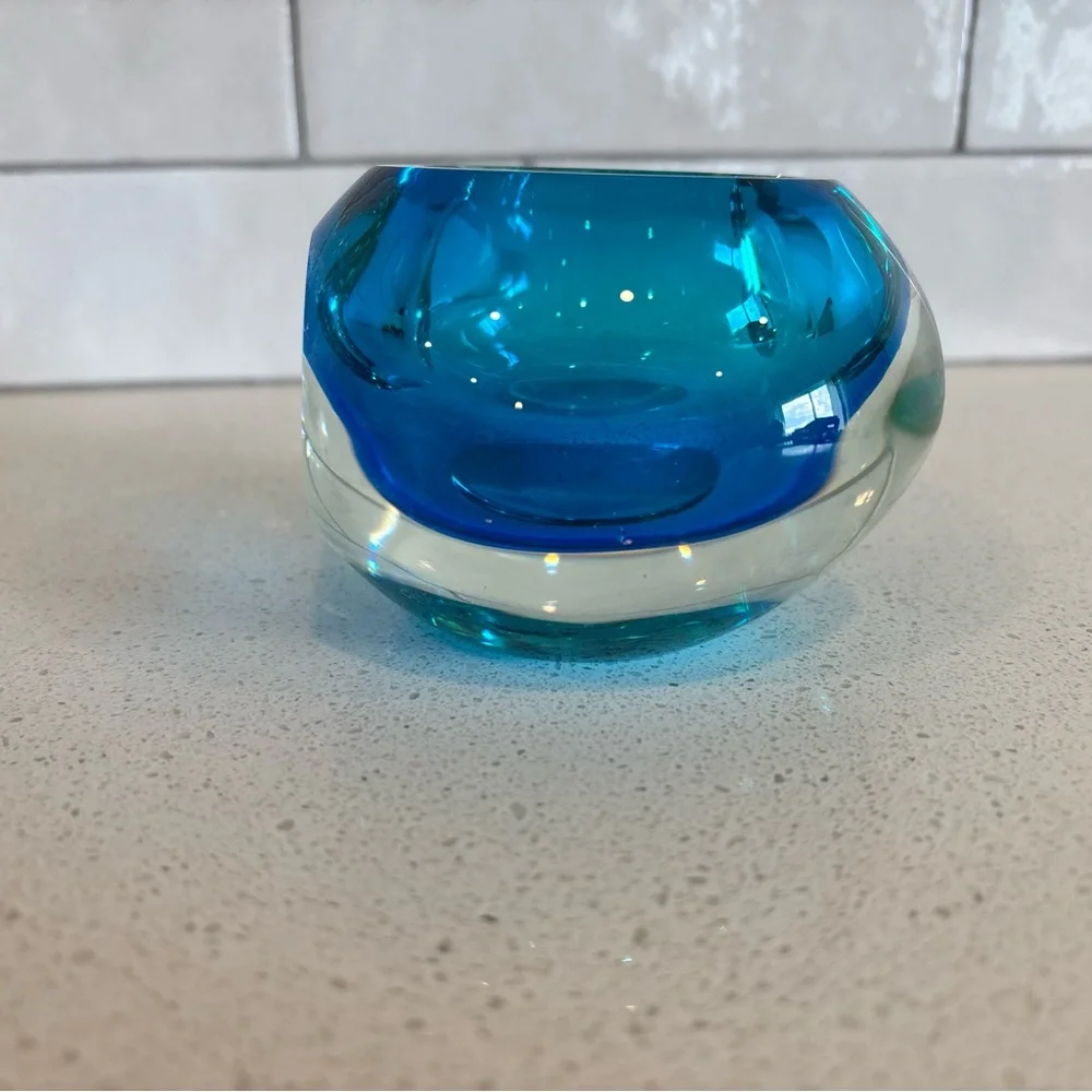 VTG Fifth Avenue Crystal Blue Clear Sommerso Faceted Votive Vase Paperweight